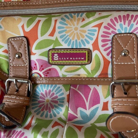 Lily Bloom multi color pastel fabric crossbody bag with tan faux leather trims - Picture 8 of 15